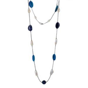 Collana lunga in argento con agata blu perle barocche e madreperla