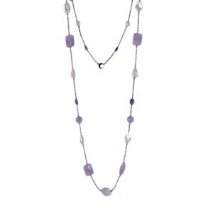 Collana lunga in argento con Ametista e perle barocche