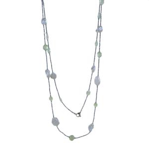 Collana lunga in argento con perle barocche e Prehnite