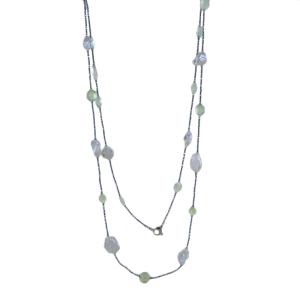 Collana lunga in argento con perle barocche e Prehnite - gallery