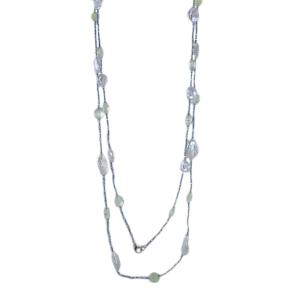 Collana lunga in argento con perle barocche e Prehnite