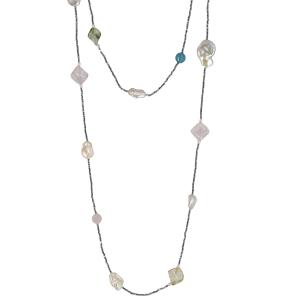 Collana lunga in argento con Quarzi multicolor e perle barocche