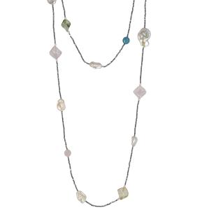 Collana lunga in argento con Quarzi multicolor e perle barocche - gallery