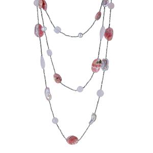 Collana lunga in argento con Rodocrosite Agata e perle barocche - gallery