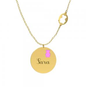 Collana Nanan da bambina in oro 9kt con placchetta personalizzabile e orsetto rosa NGLD0028 - gallery