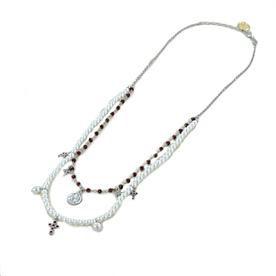 Collana religiosa Agios gioielli con perle Angelo Cherubino e cristalli rossi