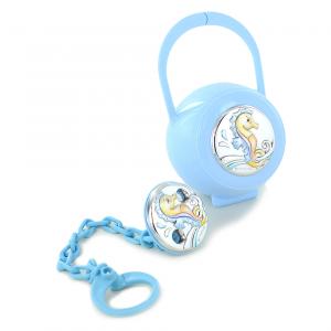 Confezione regalo scatolina e pinza porta ciuccio da bambino argento ippocampo