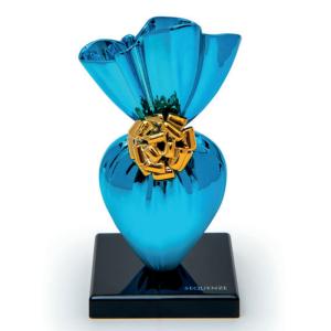 Oggettistica Scultura a forma di cuore con carta regalo azzurra e fiocco oro H. 12 cm 