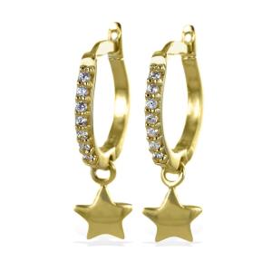Orecchini a cerchio piccoli in oro giallo con zirconi e charm stelle - gallery
