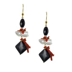orecchini a pendente in argento con perle barocche e corallo - gallery