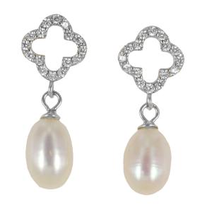 orecchini a pendente in argento con perle quadrifoglio di zirconi