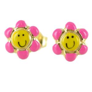 ORECCHINI DA BAMBINA CON MARGHERITE SMILEY ROSA IN ORO E SMALTI COLORATI - gallery