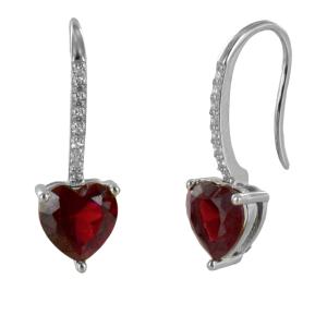 Orecchini pendente argento e cuore di zircone rosso rubino