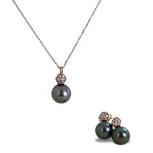 Parure collana e orecchini di Perle tahiti con ciondolo perla e diamanti