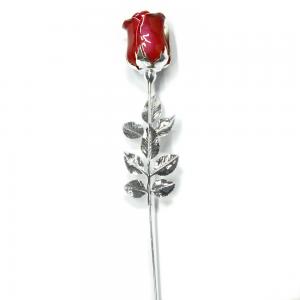 Rosa profumata argentata 38 cm con smalto rosso e vaso in cristallo