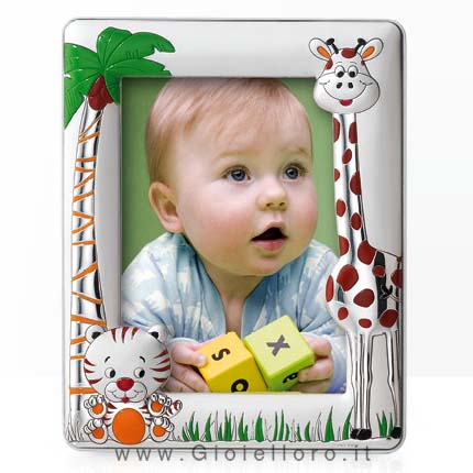 Cornice portafoto da bambino con Tigre e Giraffa in Argento foto 13X18 cm