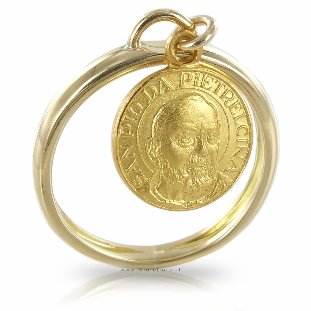 Anello con charm Medaglia Padre Pio 10 mm in oro giallo