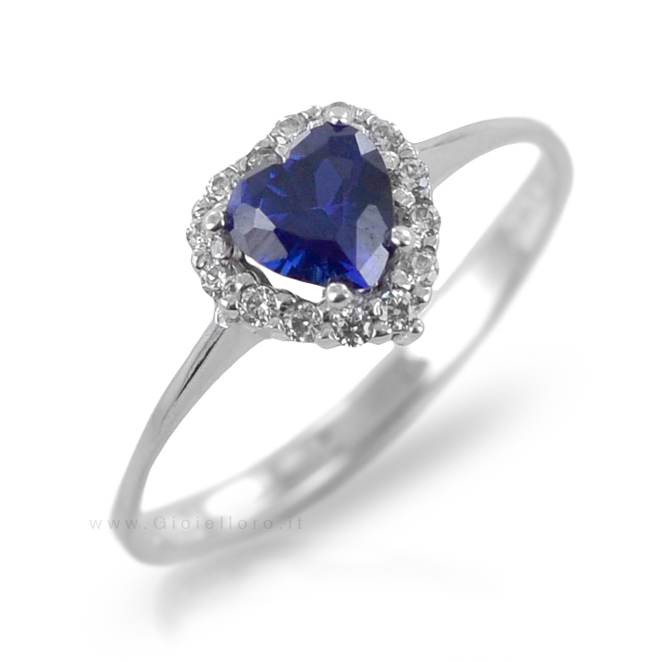 Anello in oro con cuore zircone colore zaffiro e contorno zirconi ... Colore con la a
