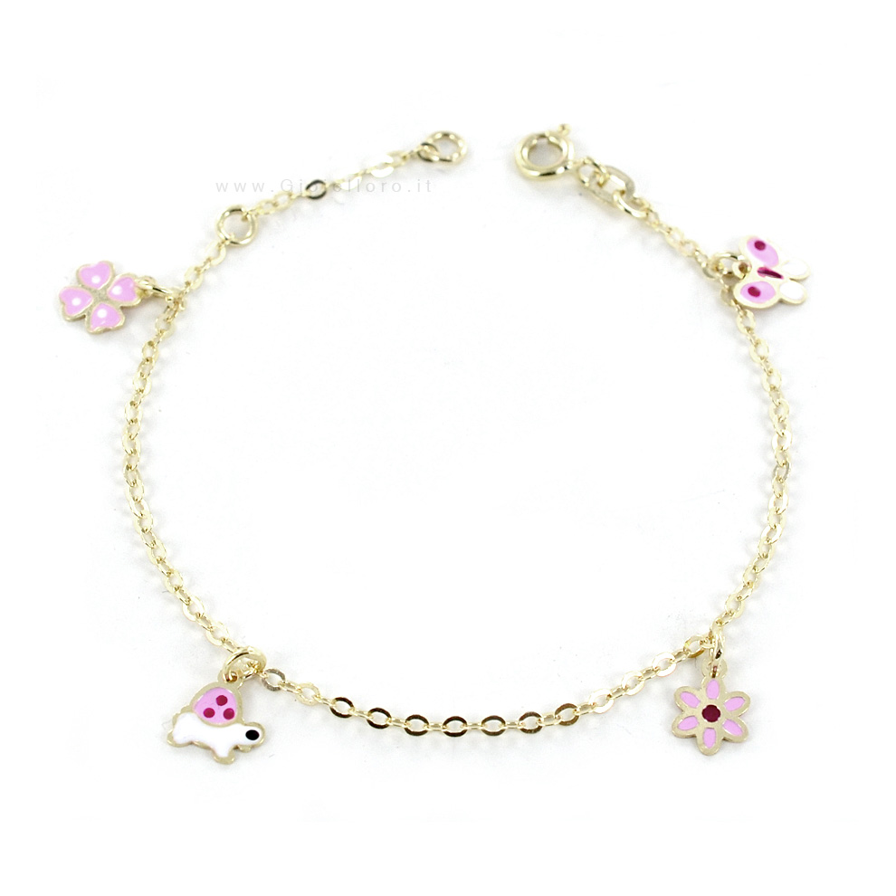 Bracciale da bambina in oro 9 kt con charm e smalti rosa 
