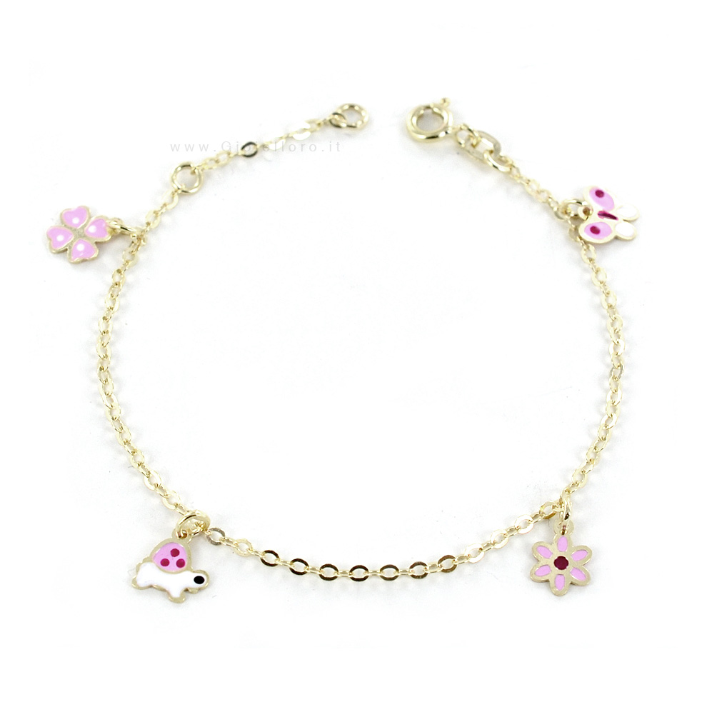 Bracciale da bambina in oro 9 kt con charma e smalti rosa 