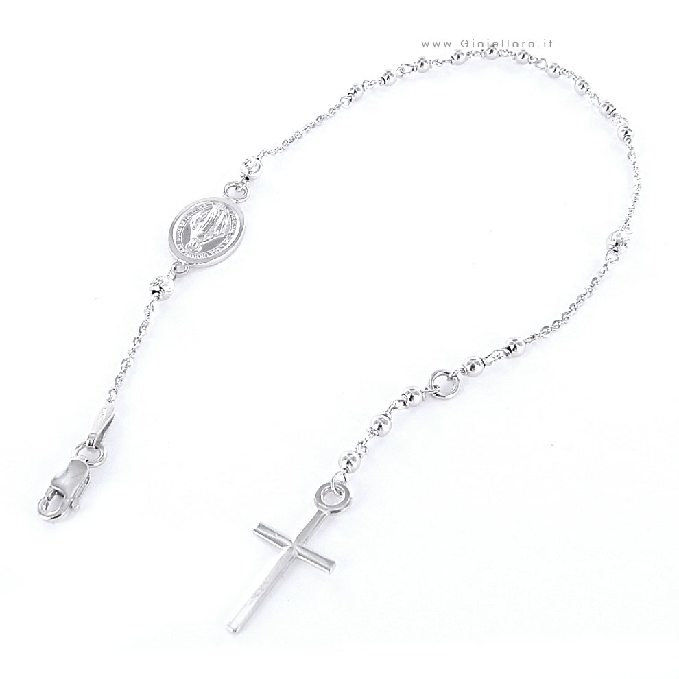 Bracciale Rosario in oro bianco con medaglia Madonna Miracolosa e Croce