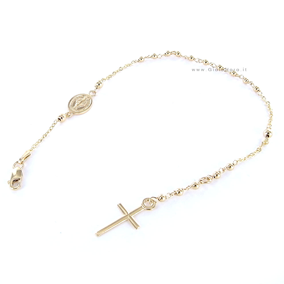 Bracciale Rosario in oro giallo con medaglia Madonna Miracolosa e Croce