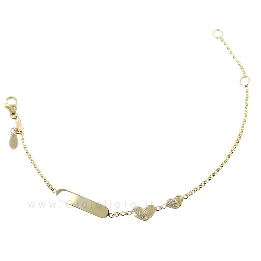 Bracciale bambina in oro con cuori e zirconi - targhetta