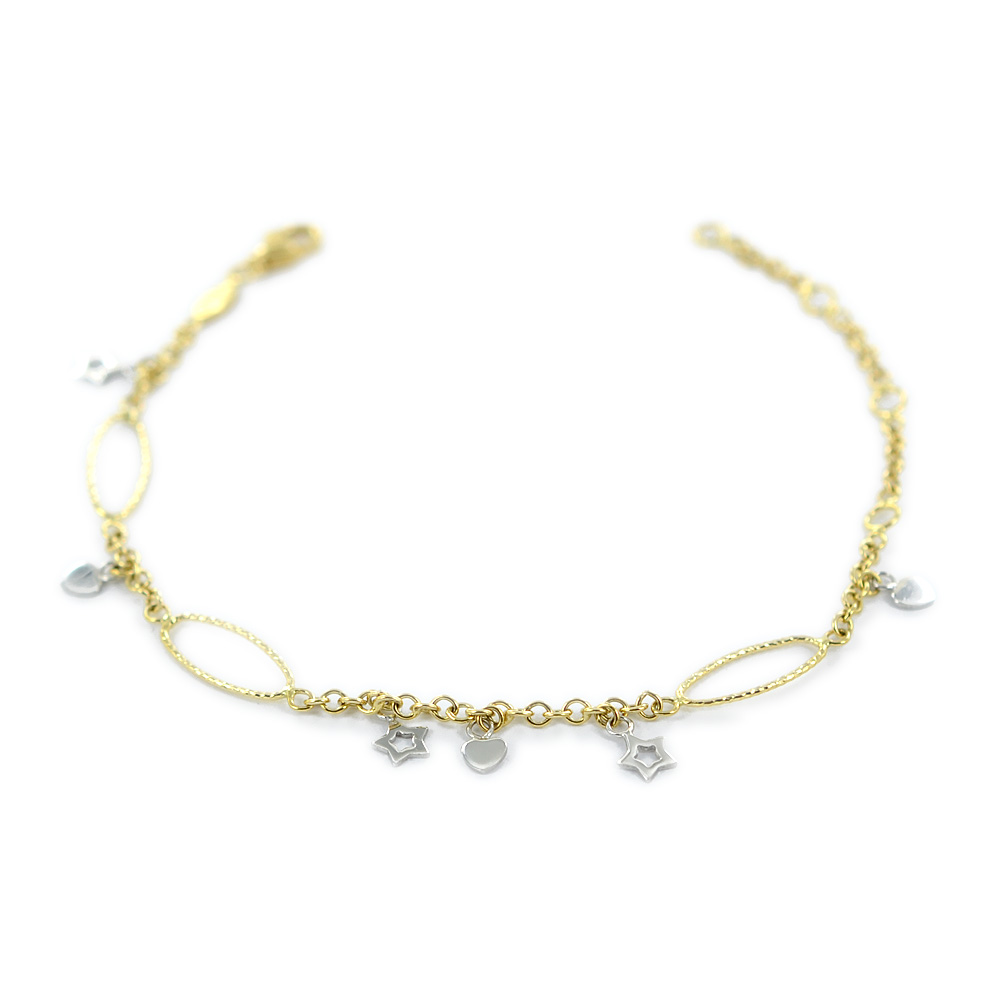 Bracciale da ragazza in oro giallo e bianco Cuori e Stelle