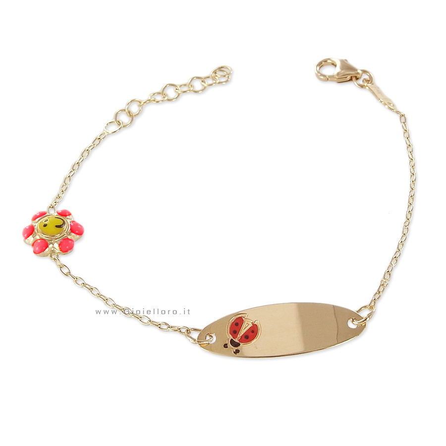 Bracciale da bambina in oro giallo e smalti - Margherita e Coccinella