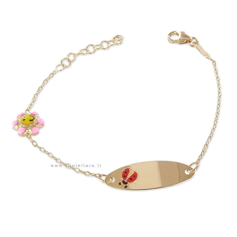 Bracciale da bambina in oro giallo e smalti - Margherita e Coccinella