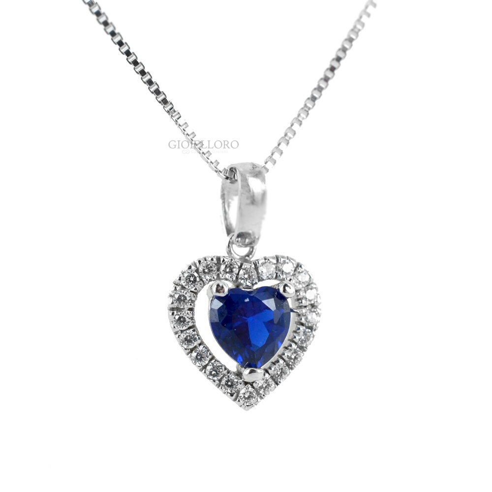 COLLANA CON CIONDOLO CUORE BLU IN ORO E ZIRCONI