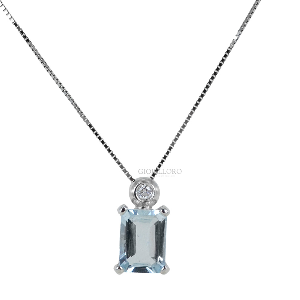 Collana con ciondolo Acquamarina rettangolare ct 0.73 e Diamante ct 0.01 G