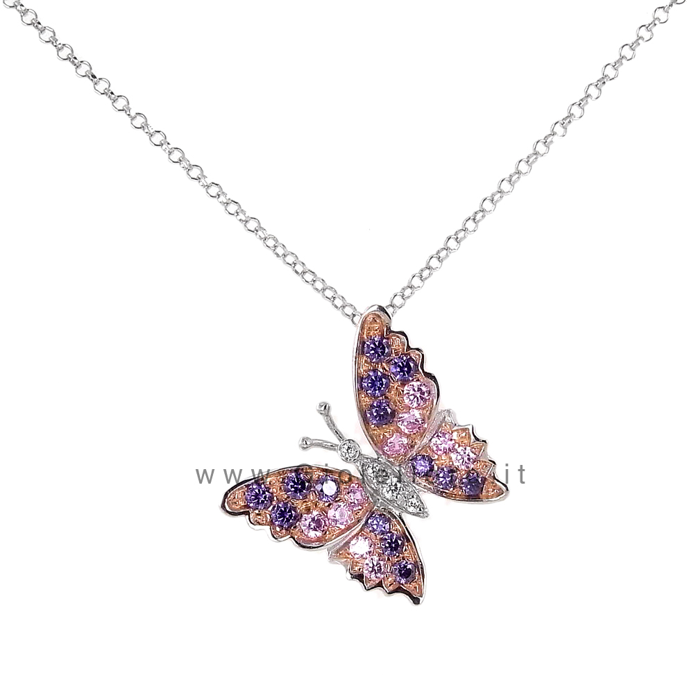 Collana con ciondolo Butterfly in argento e zirconi colorati - rosa e viola