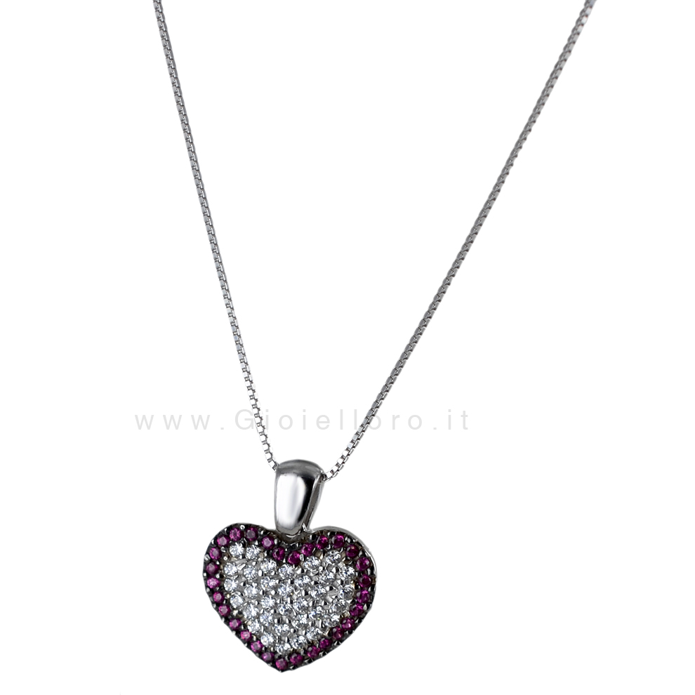 Collana in oro 18 kt con ciondolo Cuore in oro bianco con zirconi