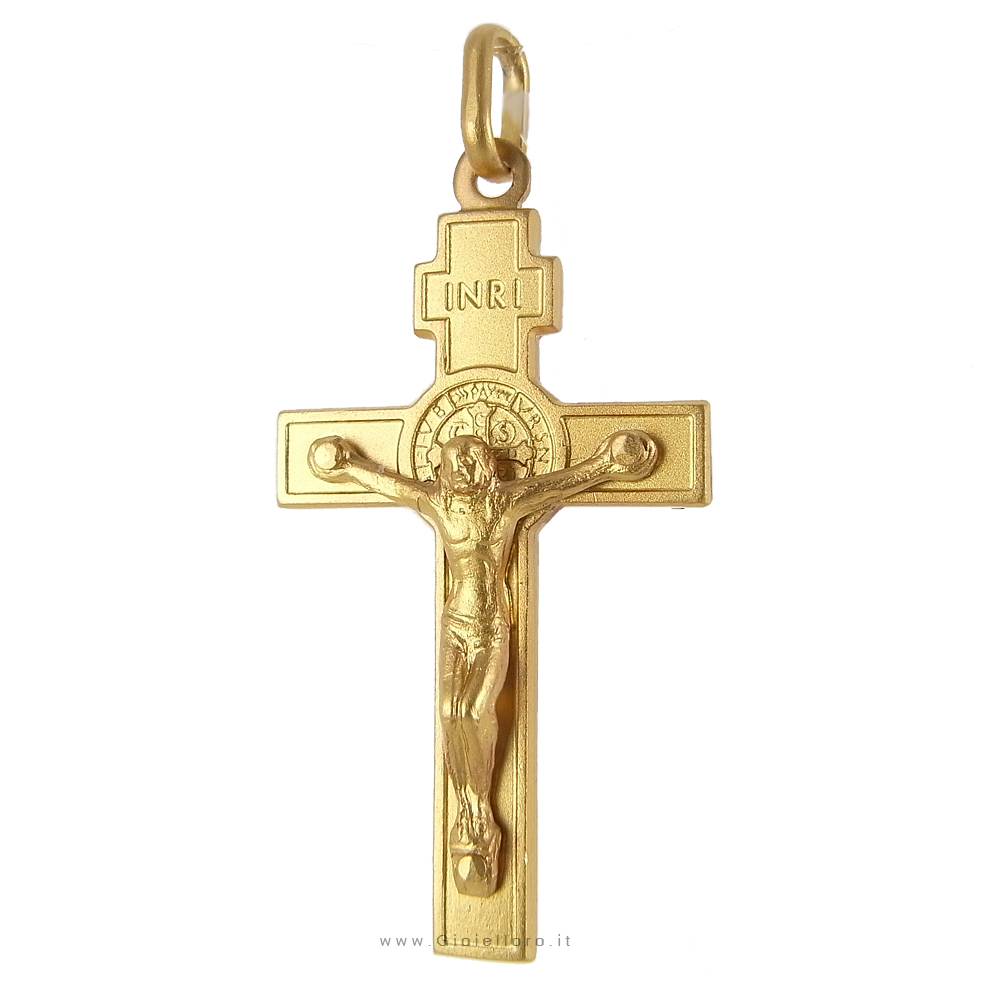 Croce di San Benedetto in oro giallo con medaglia 18X30 mm