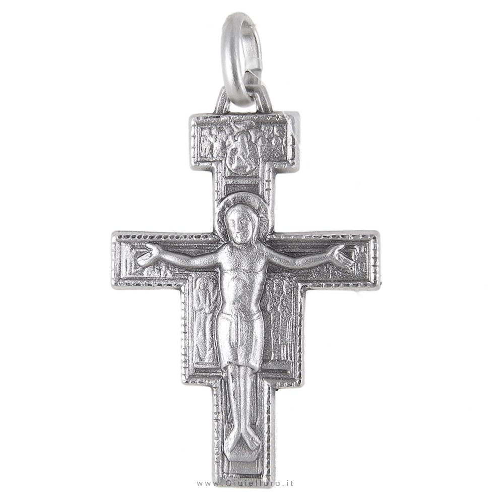 Croce di San Damiano in argento con retro inciso 24X34 mm