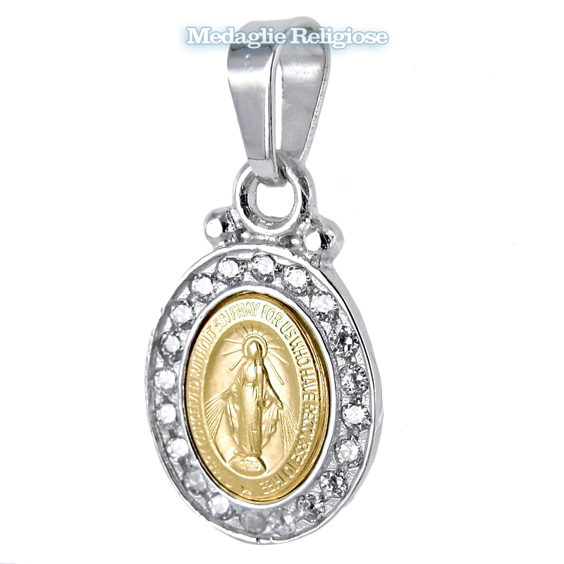 Medaglia Madonna Miracolosa in oro giallo bianco e zirconi