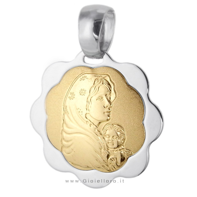Medaglia Madonna del Ferruzzi con bambino in oro giallo e bianco 18 kt