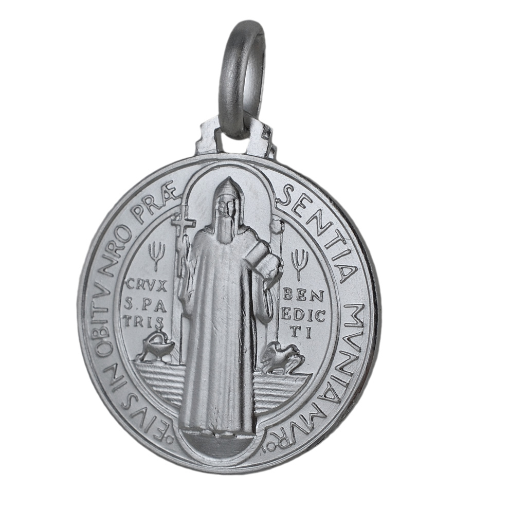 Medaglia religiosa san Benedetto in oro bianco 21 mm