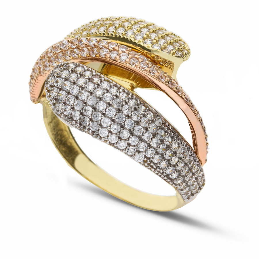 Anello a tre fasce in oro tre colori con zirconi