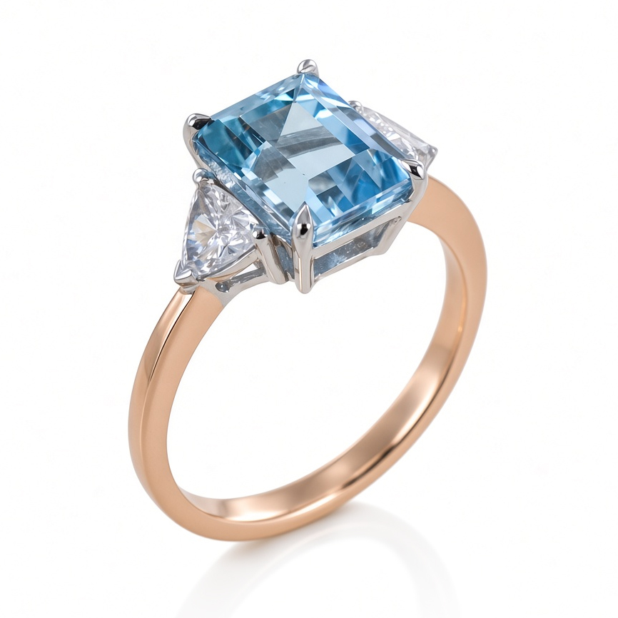 Anello con Acquamarina Octagonal step cut Diamanti Trillion