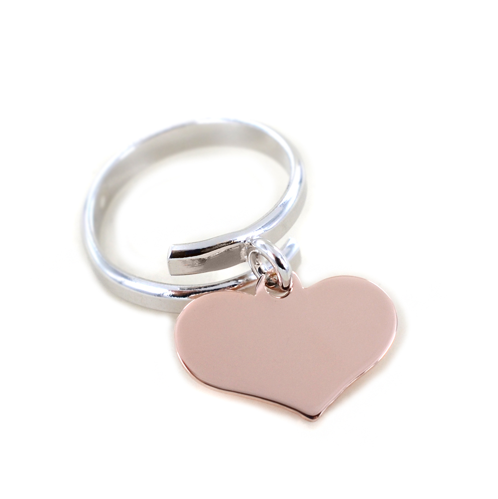 Anello con ciondolo cuore pendente rosa in argento cuore medio