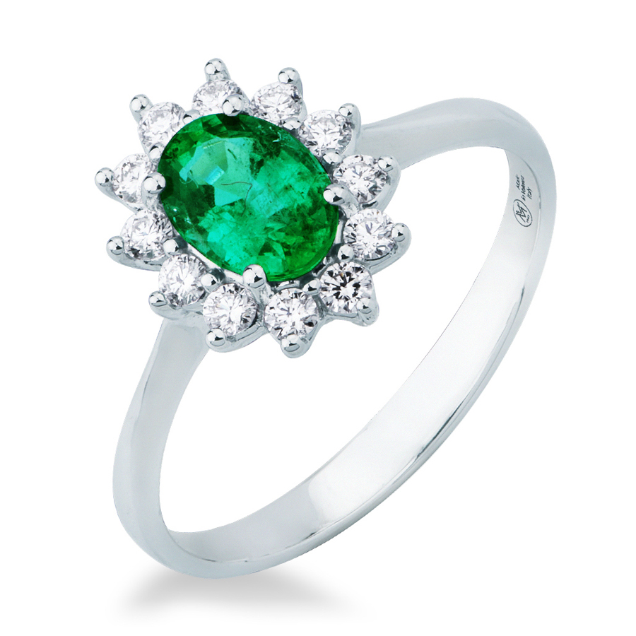 Anello con Smeraldo centrale e contorno di diamanti