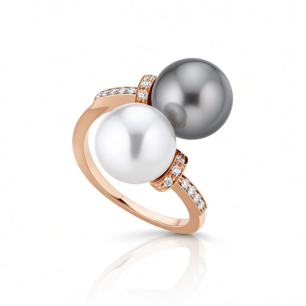Anello contrarie con Perle Freshwater e Freshwater Grey di diametro 10 mm e diamanti 
