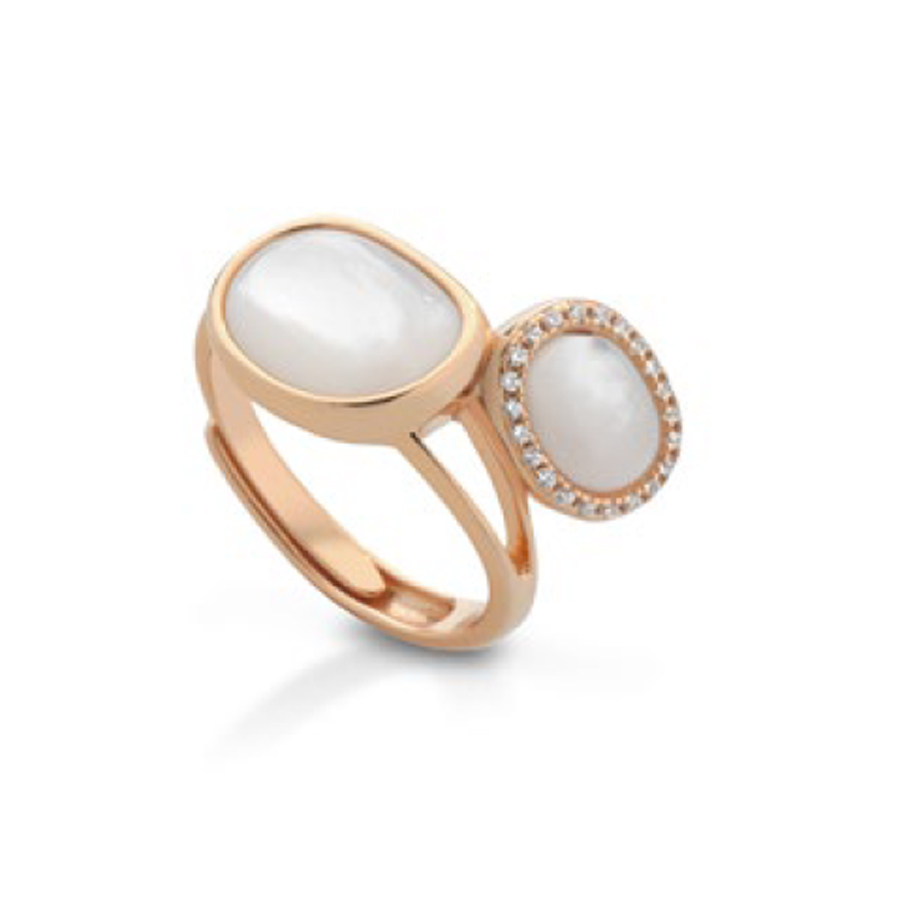 Anello contrarie in Argento rosato e Madreperla Australiana con zirconi  