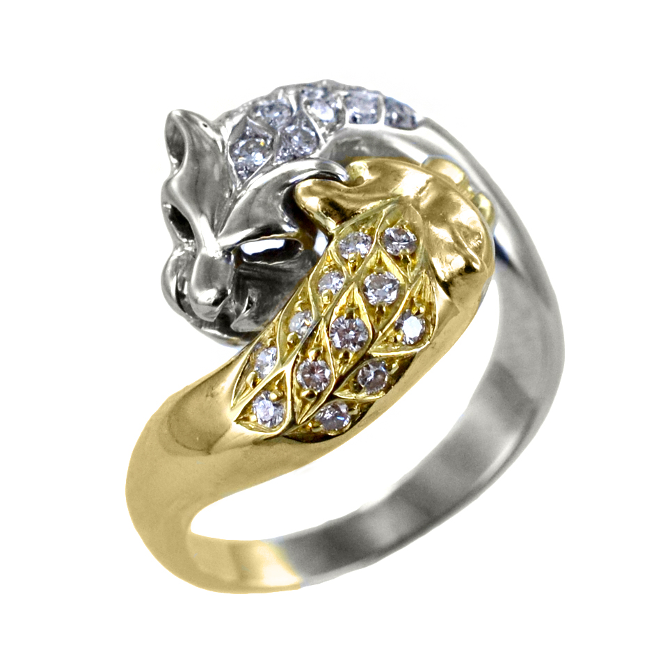 Anello contrarie Pantera in oro giallo e bianco con diamanti