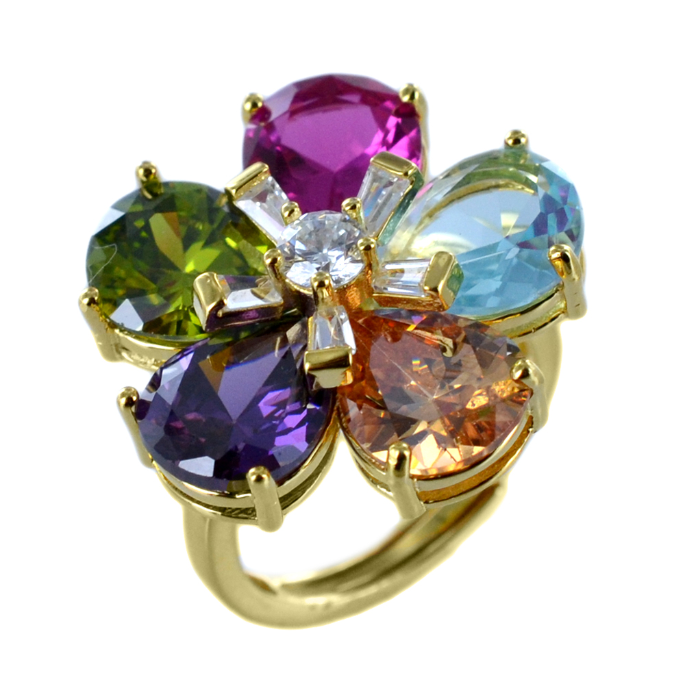 Anello Fiore colorato in argento dorato con zirconi 