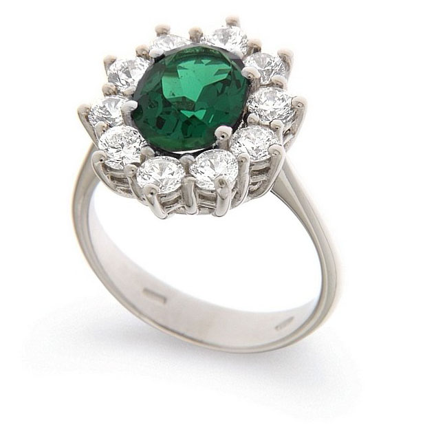 Anello in argento e zirconi modello rosetta zircone centrale Verde