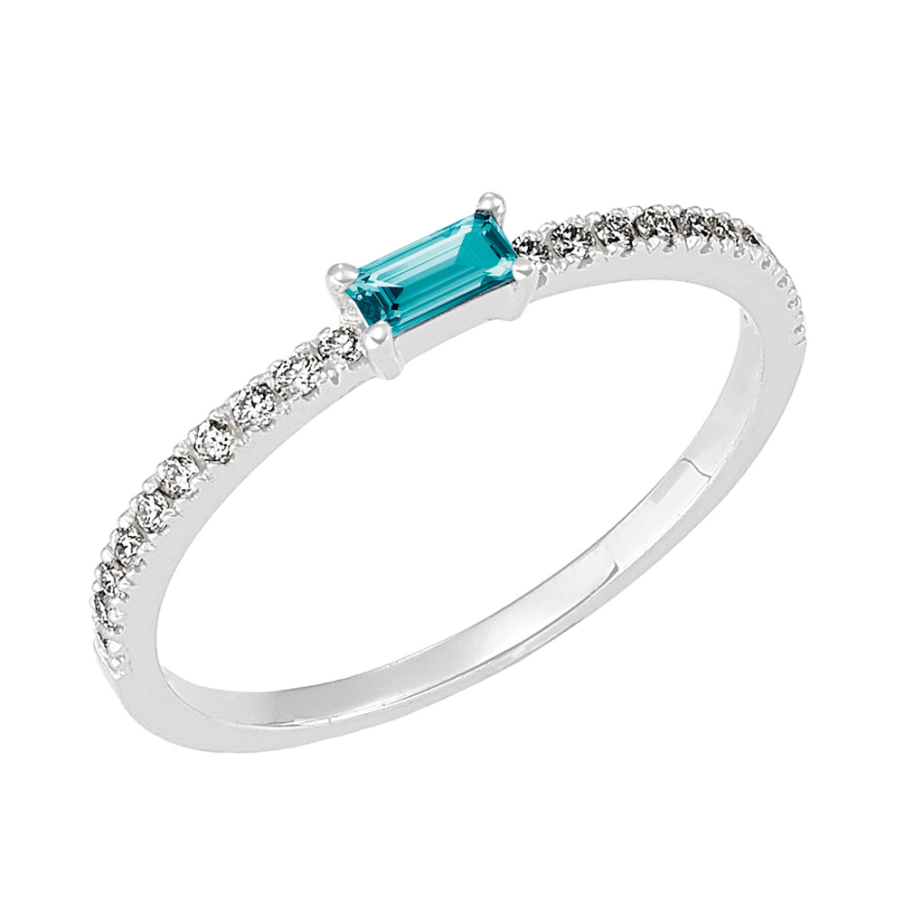 Anello in oro bianco con Acquamarina taglio baguette e Diamanti 