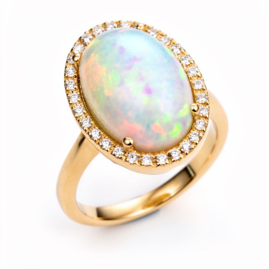 Anello in oro giallo con Opale e Diamanti in contorno